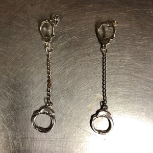 3" Handcuff Dangly Pierced post Earrings silver metal Halloween Vintage